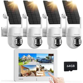 Camcamp Solar Security Camera System with 7" Touchscreen Monitor, 2.5K 4MP Wireless Outdoor Surveillance Cameras with 64GB SD Card, Color Night Vision AI Detection PTZ 0 Monthly Fee 2 Way Audio