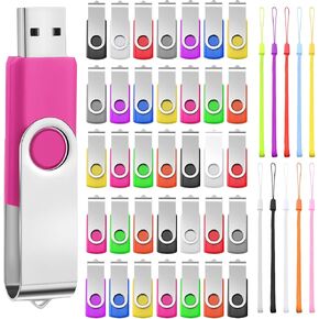 50 Pack USB Flash Drives Bulk with Lanyards USB 2.0 Thumb Drive Swivel Storage Flash Drive Pack Bulk with LED Light for Data Storage Backup, 10 Colors (512 MB)