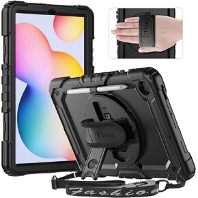 Timecity Case for Samsung Galaxy Tab S6 Lite 10.4'' 2024/2022/2020 (SM-P620/P610/P613/P615), Durable Sturdy Protective Case with Screen Protector, Rotating Stand, Hand/Shoulder Strap- Black