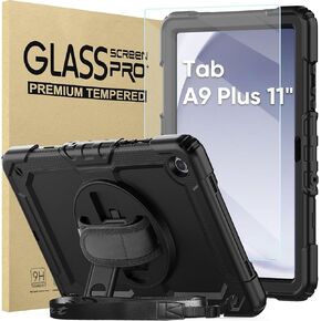 Bundle of Case for Samsung Galaxy Tab A9 Plus 11 Inch 2023 with Tempered Glass Screen Protector Pencil Holder,BLOSOMEET Galaxy A9+ Plus Tablet Case with Shoulder Strap Hand Strap&Stand,Black