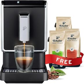 Tchibo Automatic Espresso & Coffee Machine Bundle with Built-in Grinder, Comes With 3 x 12 oz. Bags of Whole Bean Coffee, Silver