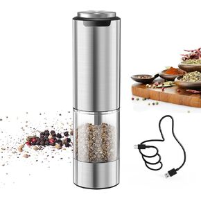 CIRCLE JOY Electric Salt and Pepper Grinder Set Stainless Steel Rechargeable Salt and Pepper Grinder Set, Variable Grinding Speed, External Adjustable Coarseness, Storage Base, Whiet LED Light, Silver