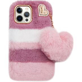 Losin for iPhone 16 Pro Max Plush Furry Case with Bling Diamond Camera Protection Women Girls Cute Case with 3D Heart Pendant Soft TPU Shockproof Protective Cover for iPhone 16 Pro Max, Purple Pink