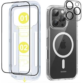 SODI 3 in 1 Magnetic Phone Case for iPhone 16 Pro Max [Not-Yellowing] with 1X Screen Protector + 1X Camera Lens Protector, Military-Grade Protection, Magnetic Case for iPhone 16 Pro Max 6.9", Clear