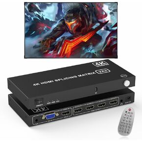 2x2 HDMI Video Wall Controller,4K@30HZ TV Wall Controller HDMI & VGA Inputs HDMI Outputs, 180 Degree Rotation 8 Display Modes 1x1 1x2 1x3 1x4 2x2 2x1 3x1 4x1, with Remote Control for 4 TV Splicing