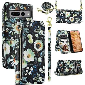 Wallet Case for Google Pixel 8 5G with Detachable Wrist Strap Shoulder Strap, 9+ Card Slots Zipper Purse, Floral PU Leather Stand Card Holder Cell Phone Cover for Pixel8 Eight Women Men Pink