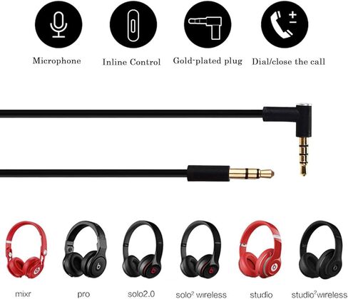 3.5mm to 3.5mm Replacement Solo 3 Audio Cable Cord Wire with in-line Microphone and Remote Control Compatible with Beats by Dr Dre Solo/Studio/Pro/Detox/Wireless/Mixr/Executive/Pill Headphones (Black) in Saudi Arabia