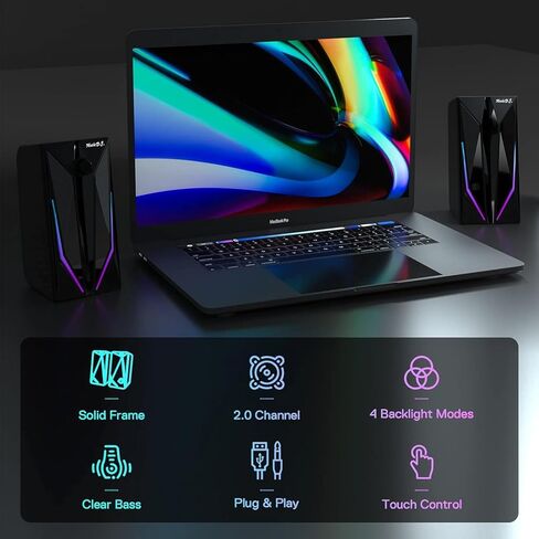 مكبرات صوت لسطح المكتب، مكبر صوت هاي فاي ستيريو للألعاب للكمبيوتر الشخصي بقناة 2.0 مع أوضاع إضاءة LED ملونة، وجهير محسن وتحكم سهل في مستوى الصوت، مزود بمنفذ USB مقاس 3.5 مم. in Kuwait