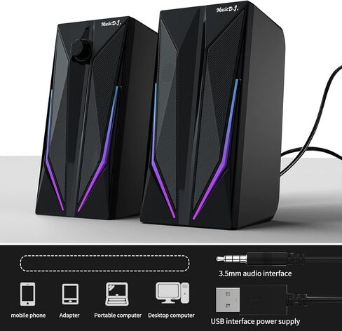 مكبرات صوت لسطح المكتب، مكبر صوت هاي فاي ستيريو للألعاب للكمبيوتر الشخصي بقناة 2.0 مع أوضاع إضاءة LED ملونة، وجهير محسن وتحكم سهل في مستوى الصوت، مزود بمنفذ USB مقاس 3.5 مم. in Kuwait