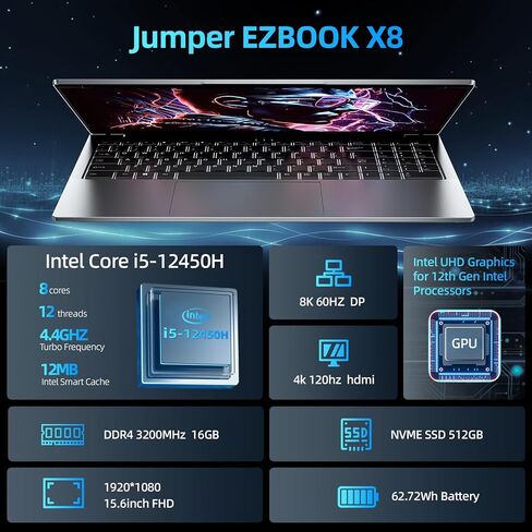 كمبيوتر محمول Jumper، كمبيوتر محمول للألعاب i5-12450H الثاني عشر (4.4 جيجا هرتز)، 16 جيجا DDR4 512 جيجا NVME SSD قابل للتوسيع 4 تيرابايت، أجهزة كمبيوتر محمولة 15.6 بوصة مع شاشة FHD IPS، بطارية 62.7 وات في الساعة، BT5.1، USB3.2، 4 مكبرات صوت ستيريو، HDMI،  in Kuwait
