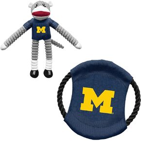 Littlearth Unisex-Adult NCAA Michigan Wolverines Sock Monkey and Flying Disc Pet Toy Combo Set, Team Color, One Size