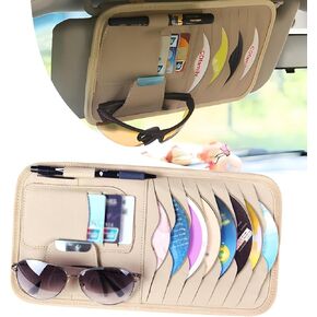 Pack-1 Car CD Holder, Universal Leather Sun Visor Organizer for Cars, Sun Visor Organizer Pocket with CD Disc Card Package Glasses Storage (Beige)