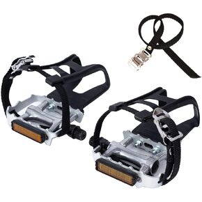 YBEKI Bike Pedals with Clips and Straps, for Exercise Bike, Spin Bike and Outdoor Bicycles, 9/16-Inch Spindle Resin/Alloy Bicycle Pedals, Half Year Warranty