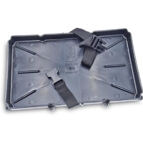 T-H Marine Narrow Battery Tray Holder with Poly Strap - Heavy Duty Space Saving Design and Recessed Mounting Wells Fit Group 27 Batteries - Boat and RV