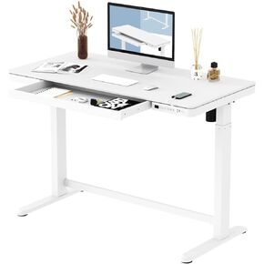 FLEXISPOT Comhar Electric Standing Desk with Drawers Charging USB Port, Height Adjustable 48" Whole-Piece Quick Install Home Office Computer Laptop Table with Storage (Maple Top + White Frame)