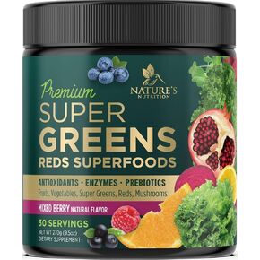 Greens Superfood Powder Supplement - Super Green Smoothie Mix Blend with Spirulina, Wheat Grass, Chlorella, Beets, Digestive Enzymes & Antioxidants - Natural Gut Health, Vegan & Non-GMO - 30 Servings