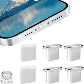 4 Pack Designed for iPhone 15 Pro Max Plus USB C Anti Dust Plugs Charging Port Covers with 2 Plug Holders, Full Protection Caps Wireless Charging Friendly Phone Accessories(Silver)