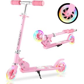 Scooter for Kids Ages 3-8 - Kids Kick Scooters with Led Light Up Wheels & 3 Levels Adjustable Handlebar, Lightweight Foldable 2 Wheel Girly Pink Scooter, Christmas Birthday Gifts for Girls Boys.