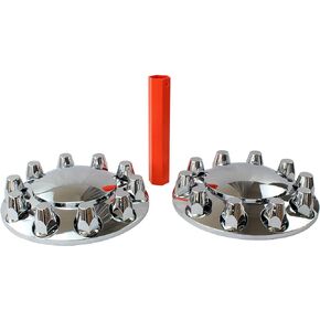 MRJLK Chrome ABS Complete Axle Cover Set with Standard Hub Caps and 33mm Screw-On Lug Nut Covers for Semi Trucks (2 Front)