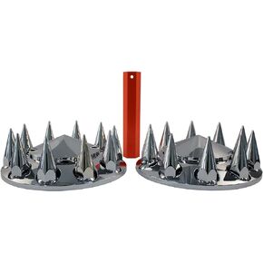 Chrome ABS Complete Axle Cover Set with Hub Caps and 33mm Screw-On Spiked Lug Nut Covers for Semi Trucks (2 Front)