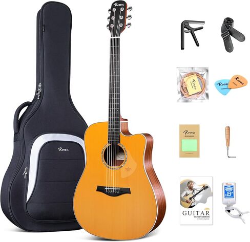 N10 Acoustic Guitar for Beginner Adults Full Size Dreadnought Solid Spruce Top Acustica Guitarra Bundle Kit with Gig Bag Tuner Strap Strings Capo Picks Cleaning Cloth, Rerto in Kuwait