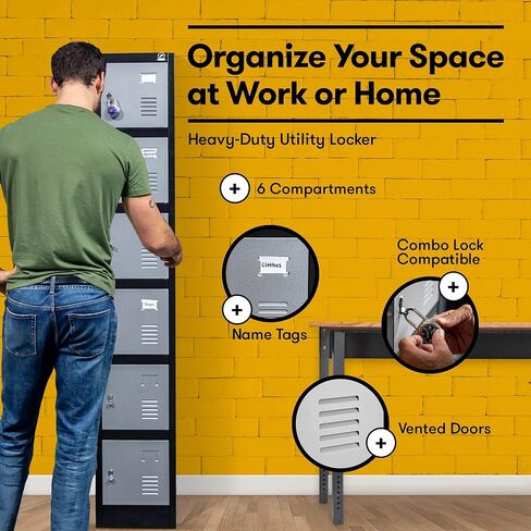 Fedmax Locker Storage Cabinet - 6 Metal Wall Lockers for School, Gym, Home, Office Employee Lock Box, 71 Inches High - Black/Grey in Saudi Arabia