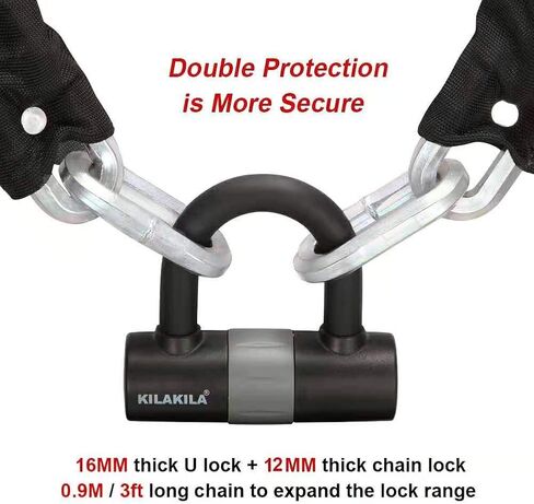 KILAKILA Security Chain Lock Heavy Duty Bike Lock 10mm Bicycle Lock Motorbike Lock Disc Lock with 16mm U Lock in Saudi Arabia
