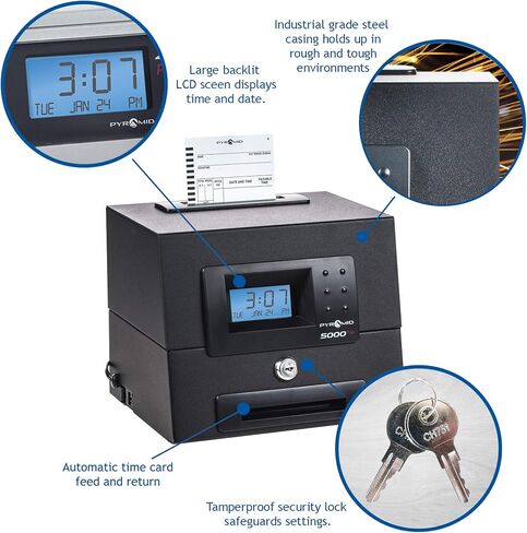 Pyramid Time Systems, Model 5000 Auto Totaling Time Clock, Handles up to 100 Employees, Made in USA, Black & 400-10 Time Card Rack, 10 Pockets, Easily expands to Hold up to 10 time Cards in Saudi Arabia