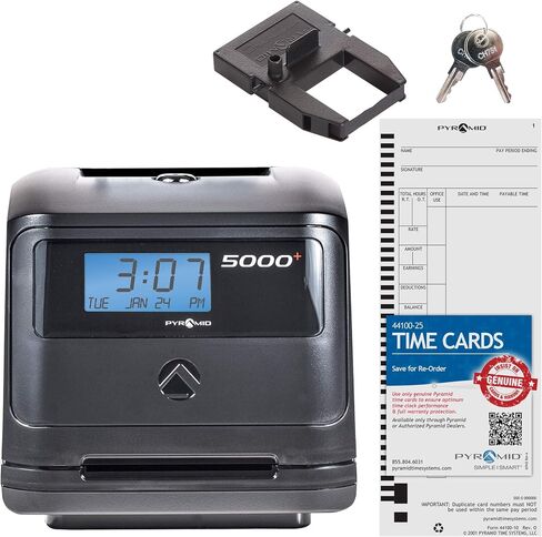 Pyramid Time Systems, Model 5000 Auto Totaling Time Clock, Handles up to 100 Employees, Made in USA, Black & 400-10 Time Card Rack, 10 Pockets, Easily expands to Hold up to 10 time Cards in Saudi Arabia