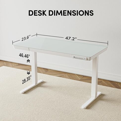 BANTI Electric Standing Desk with Drawers, 48 inch Whole-Piece Glass Desktop, Height Adjustable Stand up Sit Stand Home Office Ergonomic Workstation, Black Tabletop in Kuwait