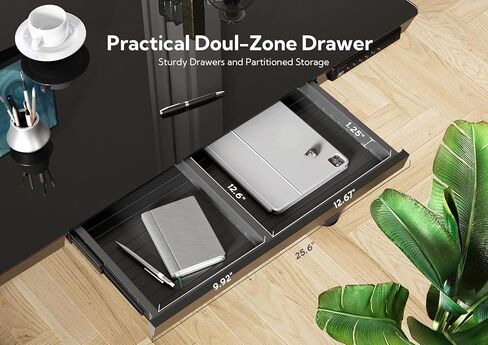 مكتب زجاجي مع أدراج، مكتب واقف قابل للتعديل مقاس 55 بوصة، مكتب كمبيوتر منزلي سريع التركيب مع منافذ USB، أسود in Kuwait