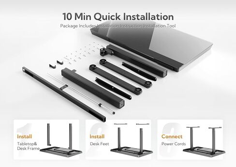 مكتب زجاجي مع أدراج، مكتب واقف قابل للتعديل مقاس 55 بوصة، مكتب كمبيوتر منزلي سريع التركيب مع منافذ USB، أسود in Kuwait