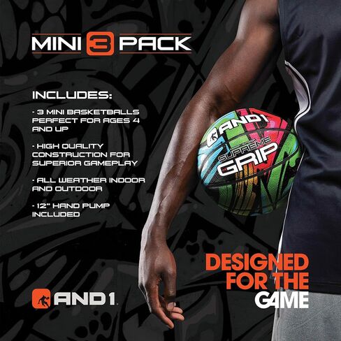 AND1 Mini Basketball 3 Pack Set for Kids (Deflated w/Pump Included): - Size 3 7-Inch Premium Youth Size Basketballs, Easy to Grip, Made for Indoors and Outdoors in Saudi Arabia