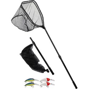 Large Fishing Net with Handle Rubber Fishing Net Telescoping Handle Saltwater Fishing Landing Net with 4pcs Crankbaits for Bass Fishing Fish Net Extends to 72.8inch Holds 44lbs