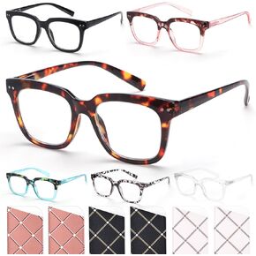 CHOFILORD 6 Pack Fashion Reading Glasses for Women Men Blue Light Blocking Oversized Square Readers with Spring Hinge