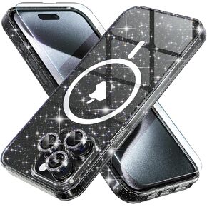 Choiche for iPhone 15 Pro Max Case Magnetic, Women Clear Glitter Bling Sparkly Case, [3xDiamond Camera Lens Protectors] [2xTempered Glass Screen Protectors] [Compatible MagSafe] (Glitter Clear)