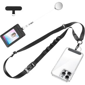 SooPii Adjustable Crossbody Cell Phone Lanyard with Phone Tethers,Outdoor Phone Neck Strap with Retractable ID Badge Card Holder for iPhone 16,Black