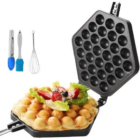Bubble Waffle Maker Pan Waffle Cake Mold Pot Non-stick Double Side Egg Waffle Maker,Comes with Silicone Oil Brush,Stirrer and Silicone Clip,Breakfast Lunch Household Cafe Restaurant Cake Shop