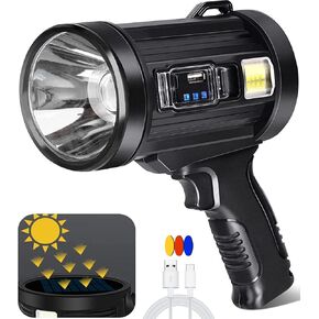 100000 Lumen Spotlight, Led Rechargeable Spotlight Flashlight with Tripod, 6 Modes and 3 Colors Filter, Super Bright Solar Spot Lights Outdoor Handheld for Hunting, Boating, Camping