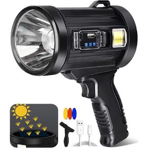 100000 Lumen Spotlight, Led Rechargeable Spotlight Flashlight with Tripod, 6 Modes and 3 Colors Filter, Super Bright Solar Spot Lights Outdoor Handheld for Hunting, Boating, Camping