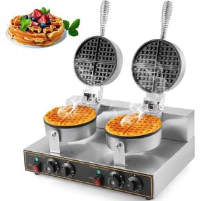 WICHEMI Commercial Waffle Maker, Double Head Waffle Maker Machine 110V 2400W Professional Waffle Iron Non-stick Round Waffle Maker for Bakery, Restaurant, Snack Bar or Household