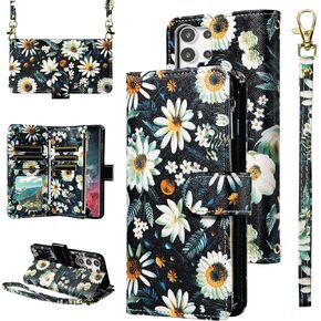Wallet Case for Samsung Galaxy S22 Ultra 5G with Wrist Strap Crossbody Shoulder Strap Flower Leather Zipper Purse Card Holder Stand Phone Cover S22ultra 22S S 22 S22ultra5g 6.8 Girls Black