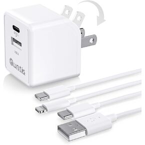 Quntis iPad Charger iPhone Charger [MFi Certified] 15W Dual Port USB Wall Charger Foldable Plug, USB C Charger Block and Cable for iPhone 15 14 13 12 11 iPad (2-Pack 6FT Charging Cable Included)