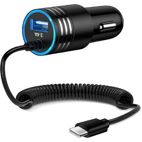 Android Car Charger Fast Charging Cord Type C 3.4A USB C Cigarette Lighter Adapter with Coiled Cable for Samsung Galaxy S24 S23 S22 S21 Z Flip 6 5 4 3 Z Fold 6 5 4 A16 A35 A25 A15 A54 A14 A53 A23 A13