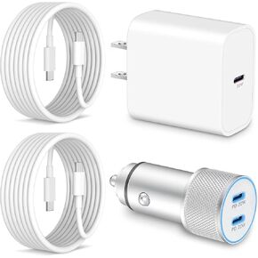 Car Adapter for iPhone 16 Fast Car Charger, 40W USB C Car Charger + 20W USB C Charger Block + 2Pack 6FT USB C to C Cable Fast Charging for iPhone 16/16 Plus/16 Pro Max/15/15 Pro Max, iPad Pro, AirPods