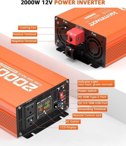 1000W/2000W(Peak) Power Inverter DC 12V to 110V AC with LCD Display, Remote Control, 2 AC Outlets, Fast Charging USB Charger, Car Pure Sine Wave Inverter for Car Home Laptop Truck in Saudi Arabia