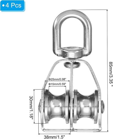 PATIKIL Double Pulley Block, 4pcs M15 304 Stainless Steel Wire Rope Lifting Crane Pulley Swivel Hook Hanging Pulley Wheel for Construction Warehouse Marine Industrial Home Use, Silver in Kuwait