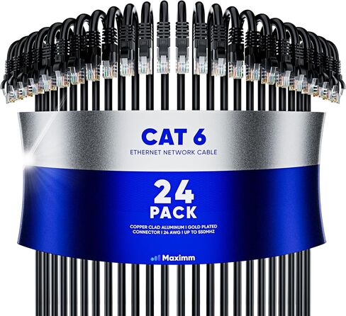 Maximm Cat 6 Ethernet Cable 15 ft (24-Pack) - High-Speed LAN Cable, Internet Cable, Patch Cable, and Network Cable - UTP, 10Gbps, 550MHz Ethernet Cord - Black in Kuwait