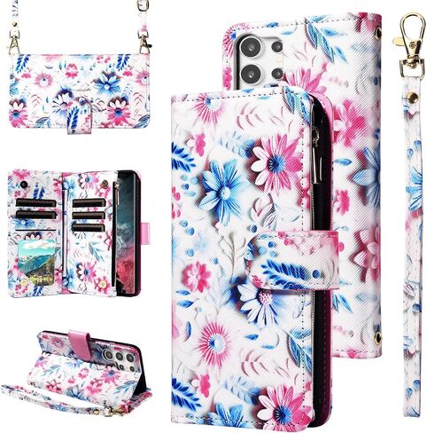 Wallet Case for Samsung Galaxy S22 Ultra 5G with Wrist Strap Crossbody Shoulder Strap Flower Leather Zipper Purse Card Holder Stand Phone Cover S22ultra 22S S 22 S22ultra5g 6.8 Girls Black in Saudi Arabia