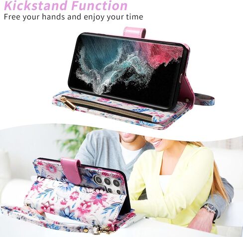 Wallet Case for Samsung Galaxy S22 Ultra 5G with Wrist Strap Crossbody Shoulder Strap Flower Leather Zipper Purse Card Holder Stand Phone Cover S22ultra 22S S 22 S22ultra5g 6.8 Girls Black in Saudi Arabia